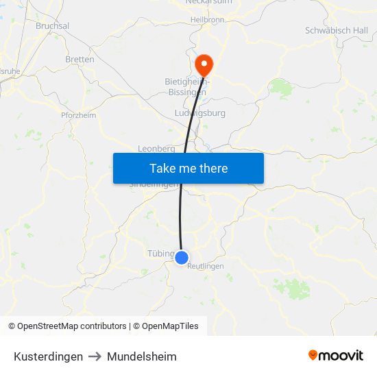 Kusterdingen to Mundelsheim map