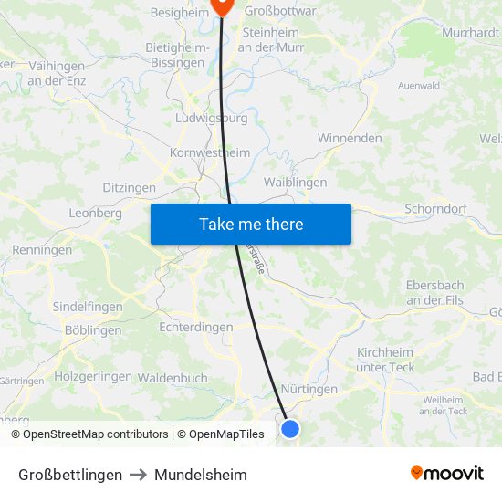 Großbettlingen to Mundelsheim map