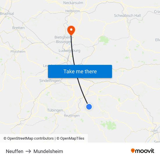 Neuffen to Mundelsheim map