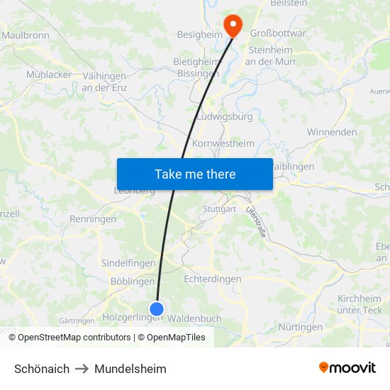 Schönaich to Mundelsheim map