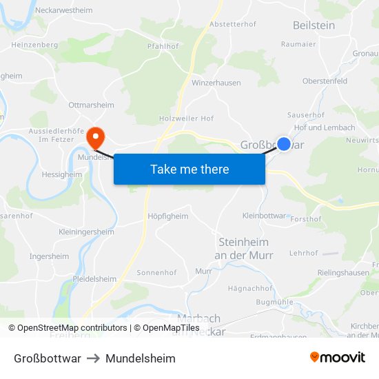 Großbottwar to Mundelsheim map