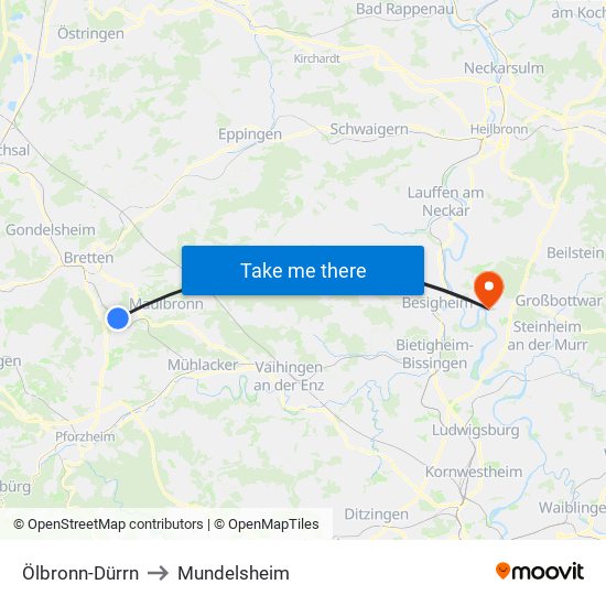 Ölbronn-Dürrn to Mundelsheim map