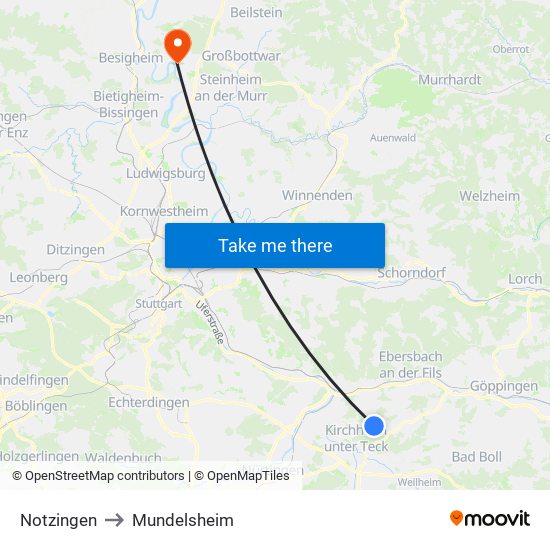 Notzingen to Mundelsheim map