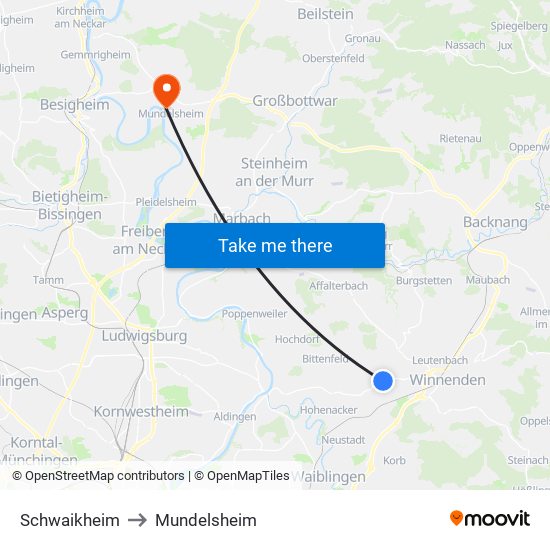 Schwaikheim to Mundelsheim map