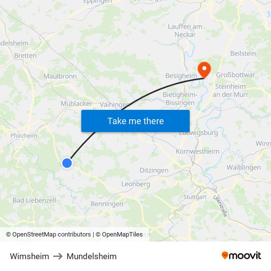 Wimsheim to Mundelsheim map