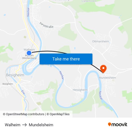 Walheim to Mundelsheim map