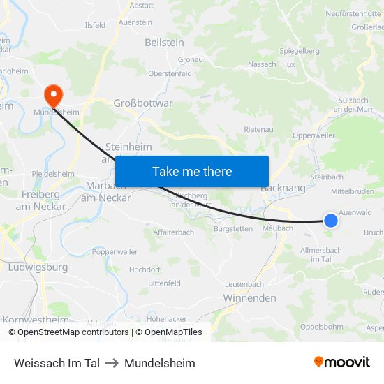 Weissach Im Tal to Mundelsheim map