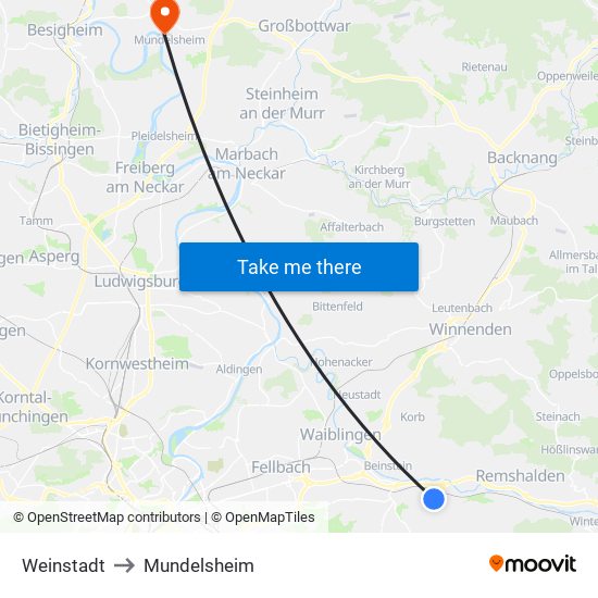 Weinstadt to Mundelsheim map