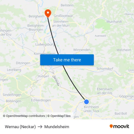 Wernau (Neckar) to Mundelsheim map