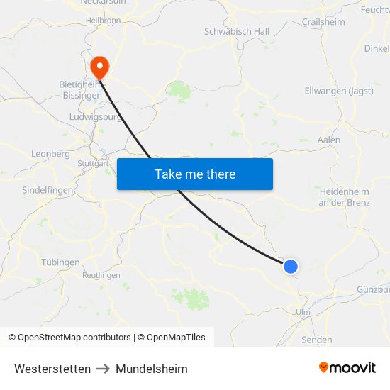 Westerstetten to Mundelsheim map