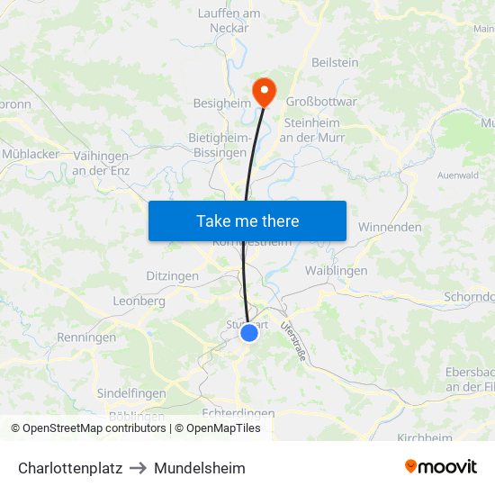 Charlottenplatz to Mundelsheim map