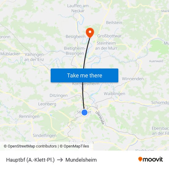 Hauptbf (A.-Klett-Pl.) to Mundelsheim map