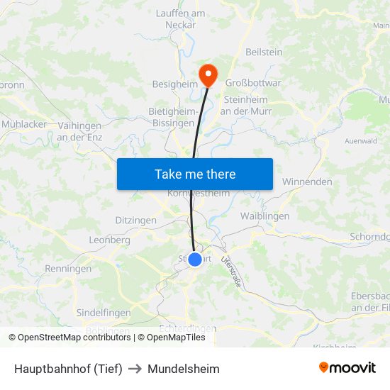 Hauptbahnhof (Tief) to Mundelsheim map