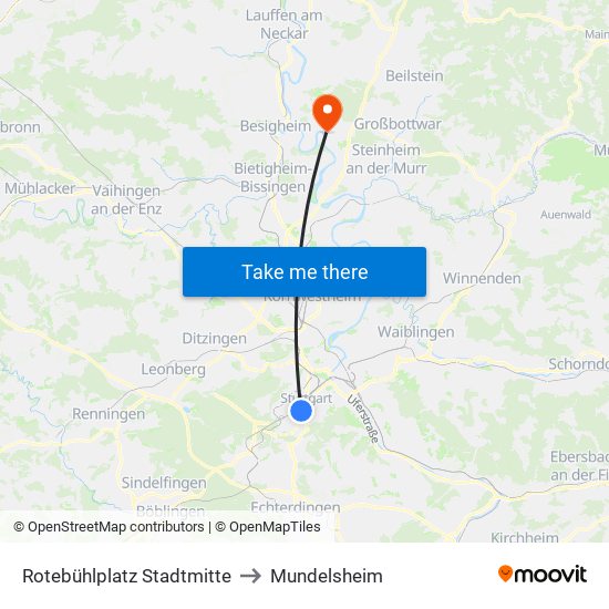 Rotebühlplatz Stadtmitte to Mundelsheim map