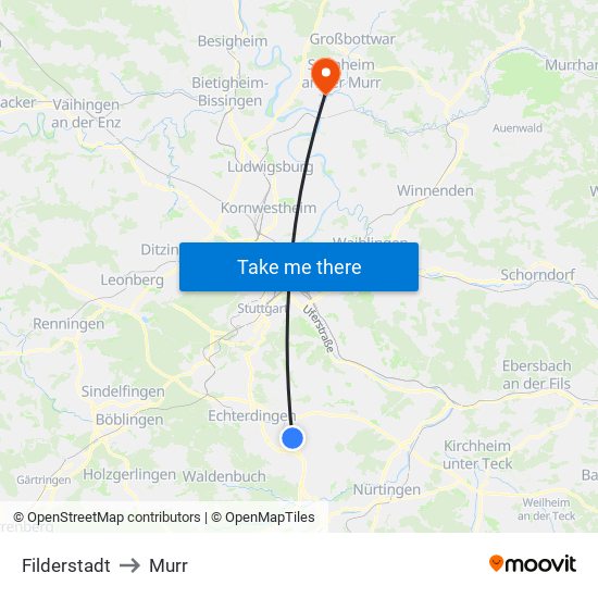 Filderstadt to Murr map