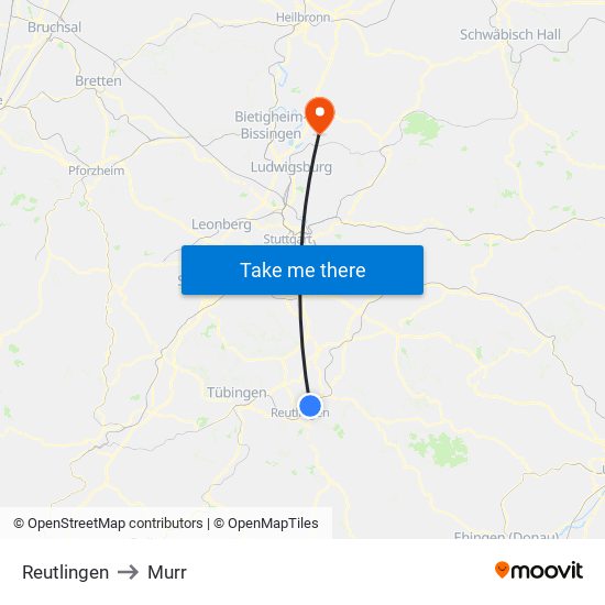 Reutlingen to Murr map