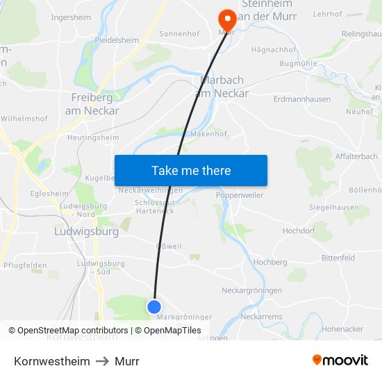 Kornwestheim to Murr map