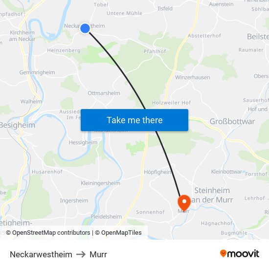 Neckarwestheim to Murr map