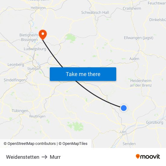 Weidenstetten to Murr map