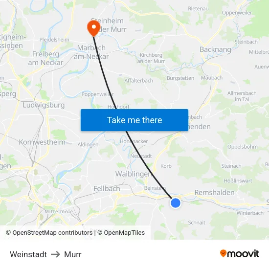Weinstadt to Murr map