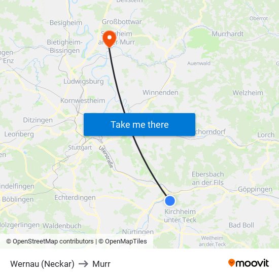 Wernau (Neckar) to Murr map