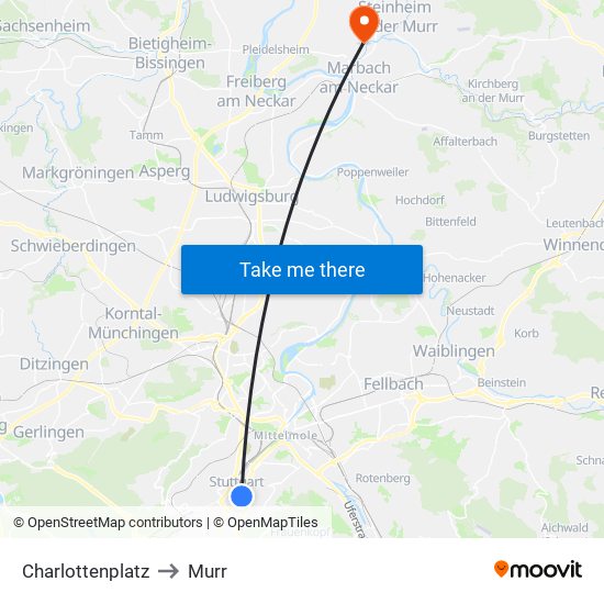 Charlottenplatz to Murr map