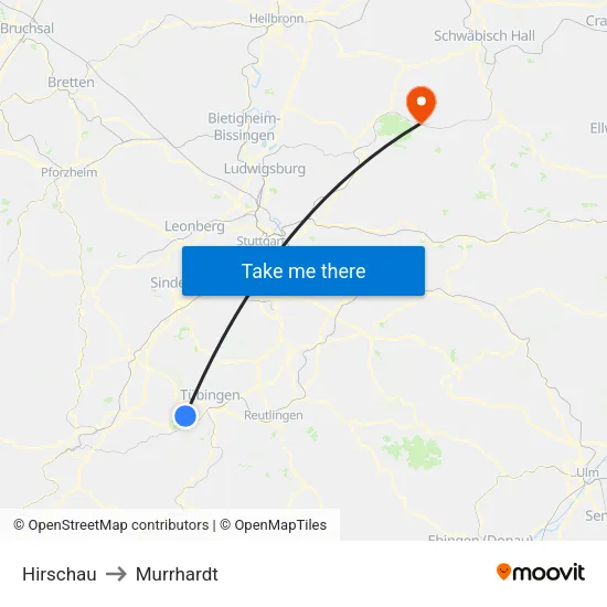 Hirschau to Murrhardt map