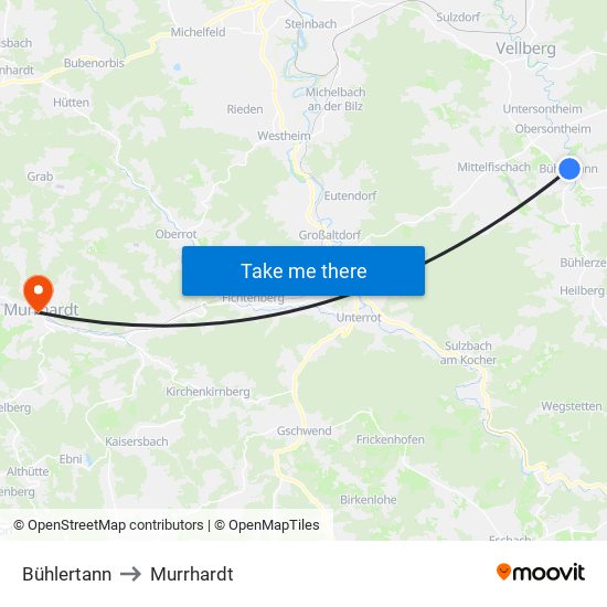 Bühlertann to Murrhardt map