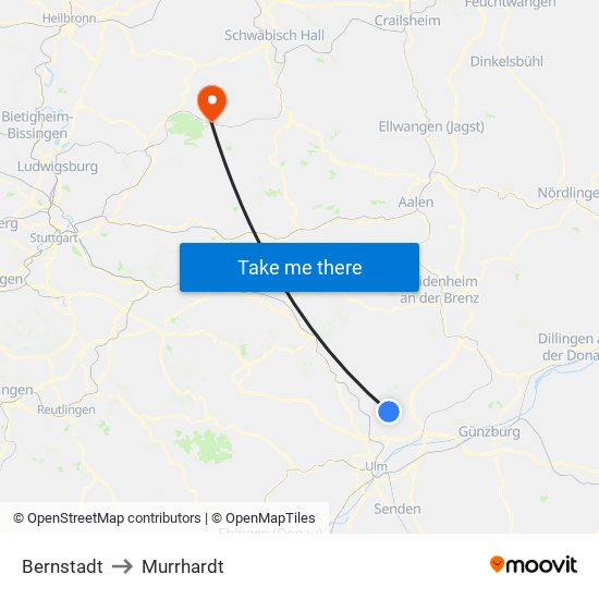 Bernstadt to Murrhardt map