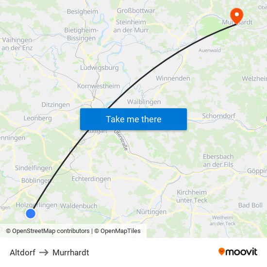 Altdorf to Murrhardt map
