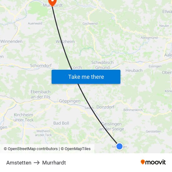 Amstetten to Murrhardt map