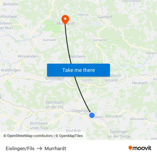 Eislingen/Fils to Murrhardt map