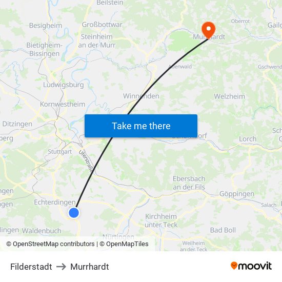 Filderstadt to Murrhardt map