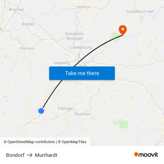 Bondorf to Murrhardt map
