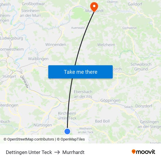 Dettingen Unter Teck to Murrhardt map