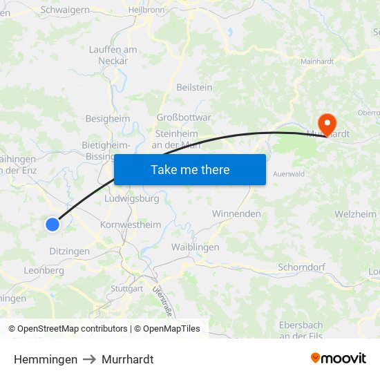 Hemmingen to Murrhardt map