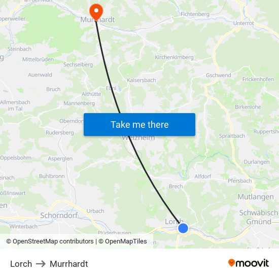 Lorch to Murrhardt map