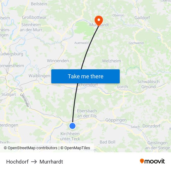 Hochdorf to Murrhardt map