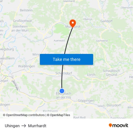 Uhingen to Murrhardt map