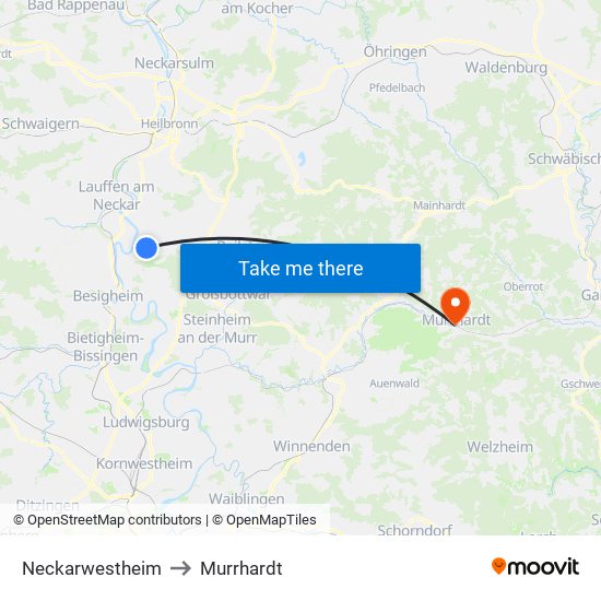 Neckarwestheim to Murrhardt map