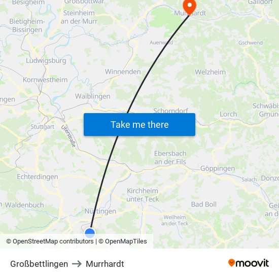 Großbettlingen to Murrhardt map