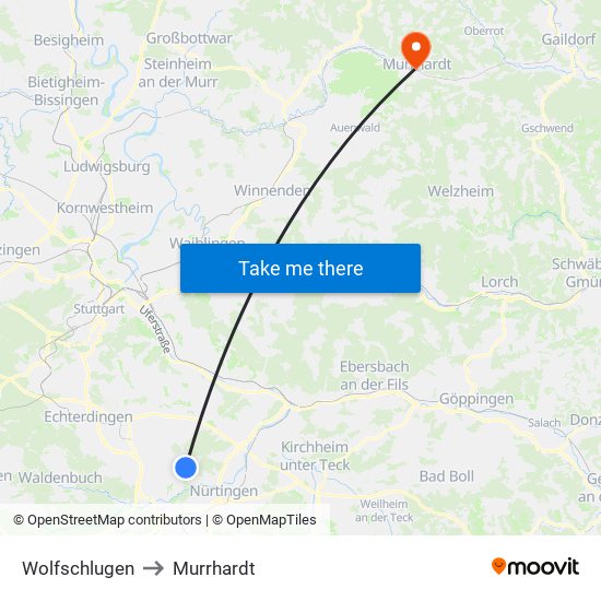 Wolfschlugen to Murrhardt map