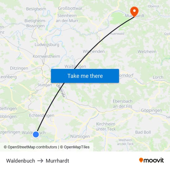Waldenbuch to Murrhardt map