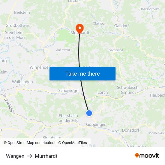 Wangen to Murrhardt map