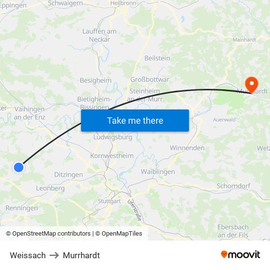 Weissach to Murrhardt map