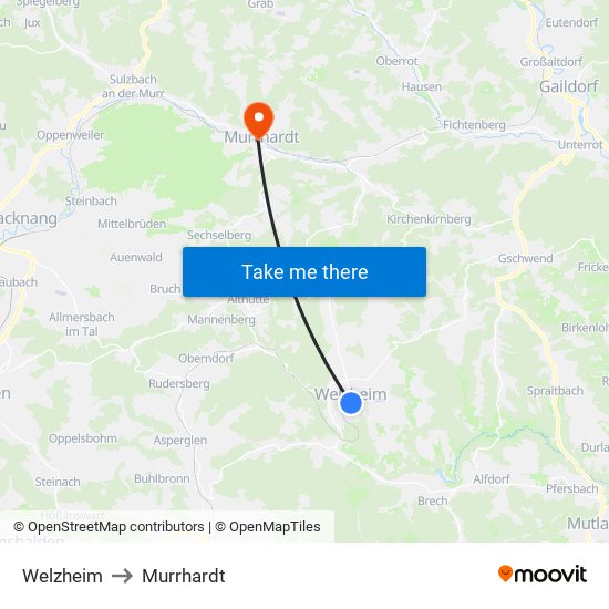 Welzheim to Murrhardt map