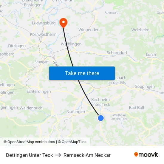 Dettingen Unter Teck to Remseck Am Neckar map