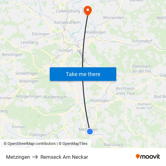 Metzingen to Remseck Am Neckar map