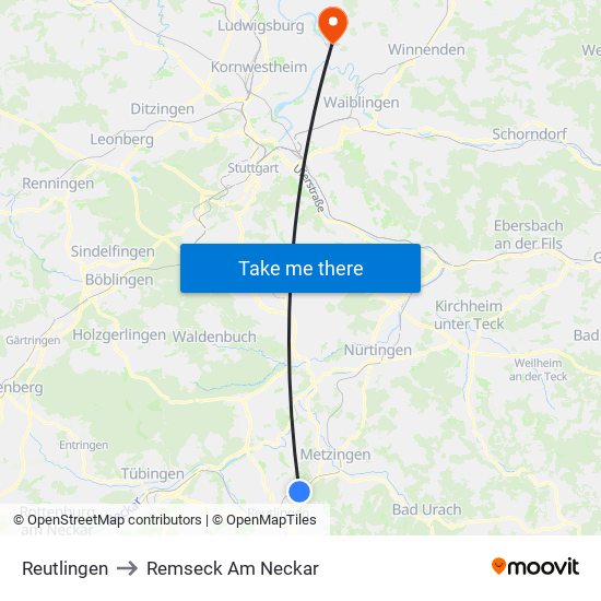 Reutlingen to Remseck Am Neckar map
