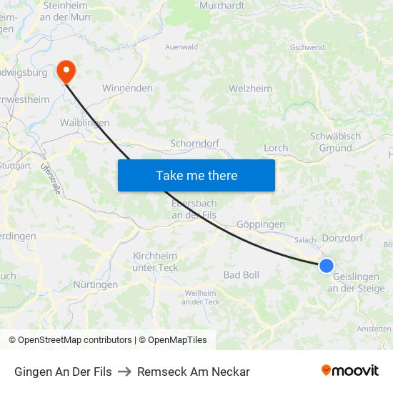 Gingen An Der Fils to Remseck Am Neckar map